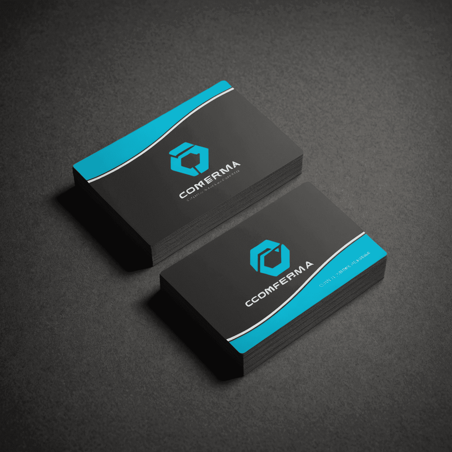 Comferma logo - A stylized business card with electric cyan edges on a graphite background