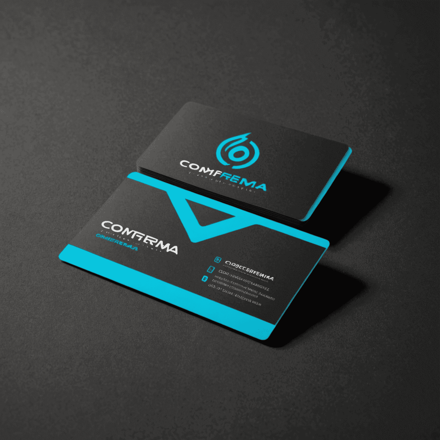 Comferma logo - A stylized business card with electric cyan edges on a graphite background