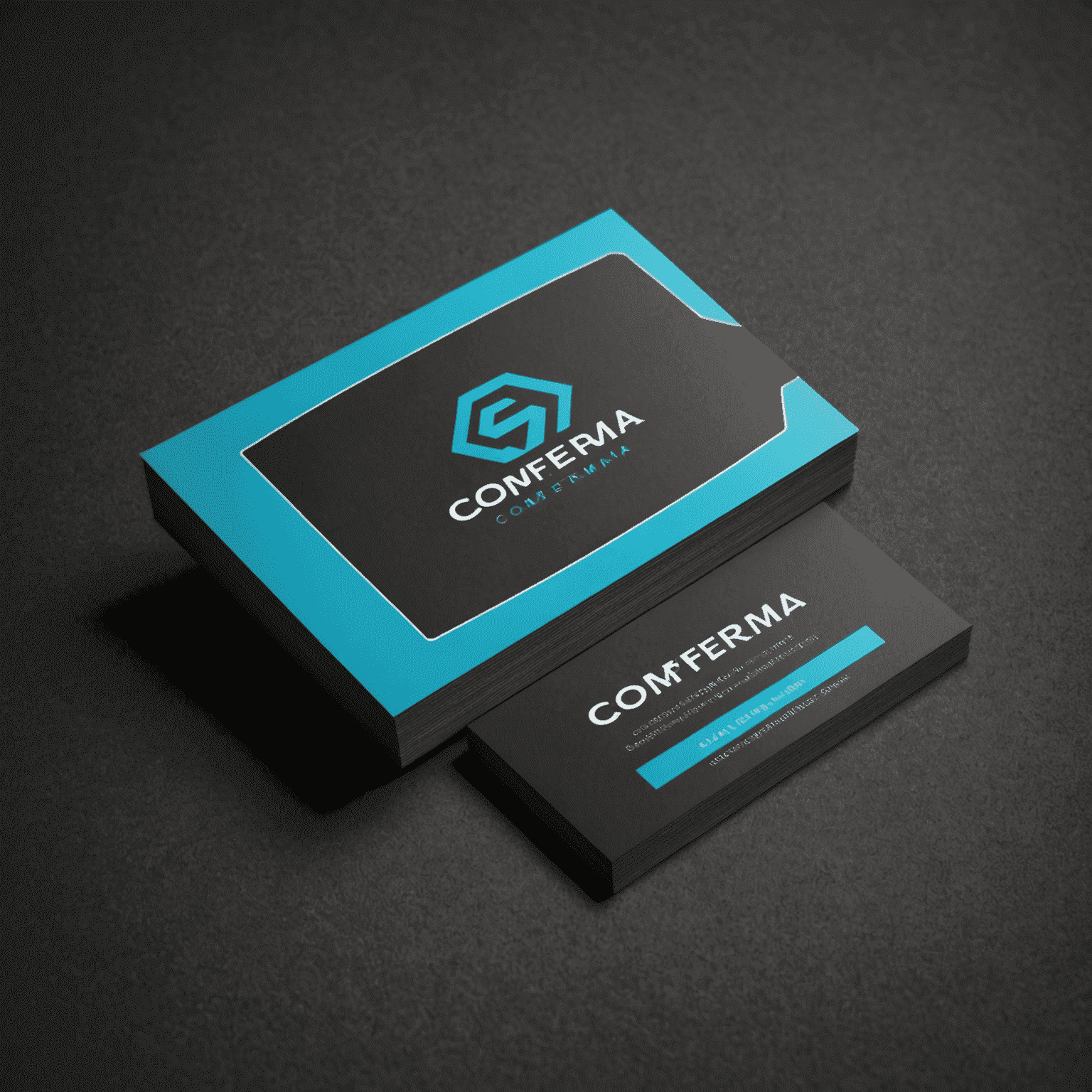 Comferma logo - A stylized business card with electric cyan edges on a graphite background