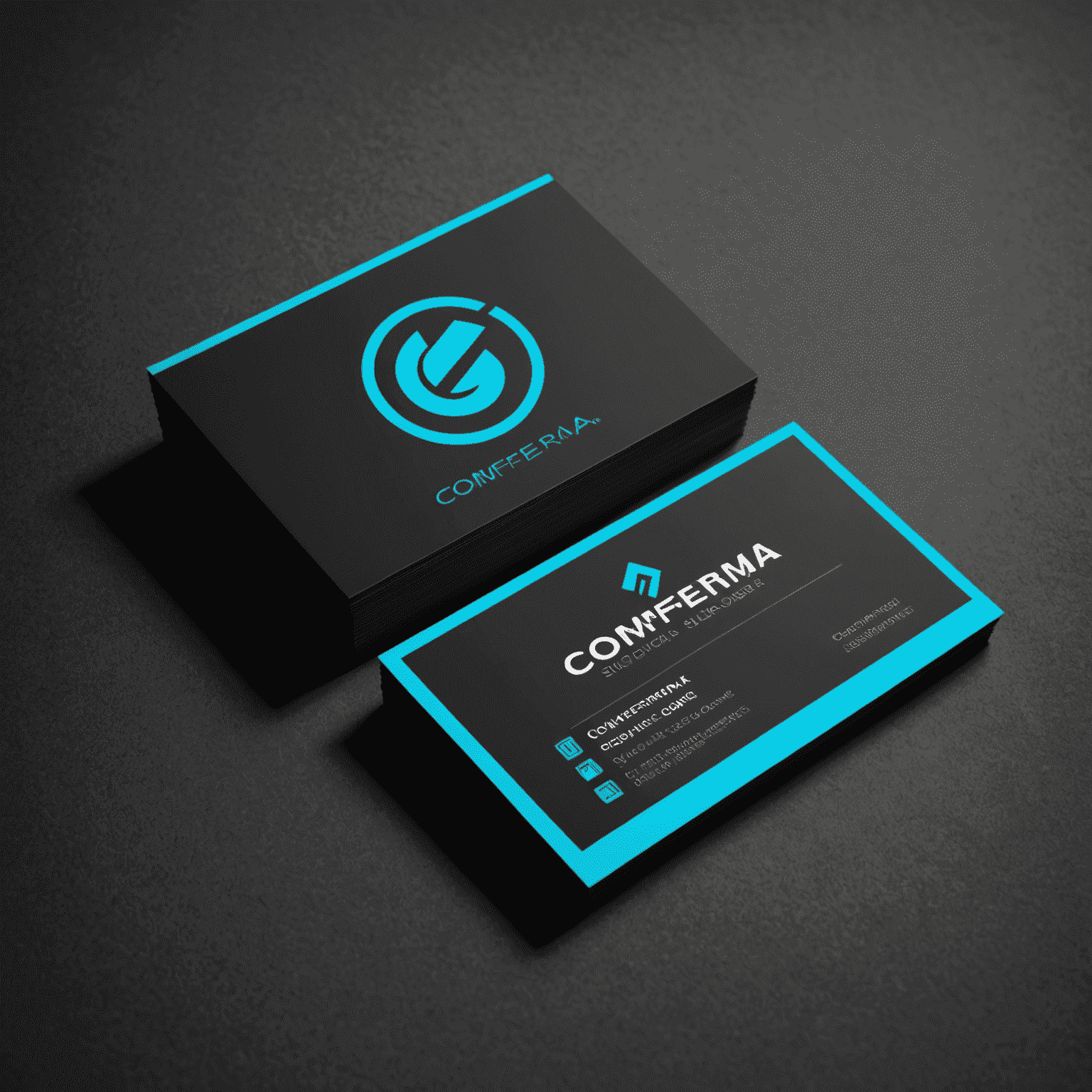 Comferma logo - A stylized business card with electric cyan edges on a graphite background