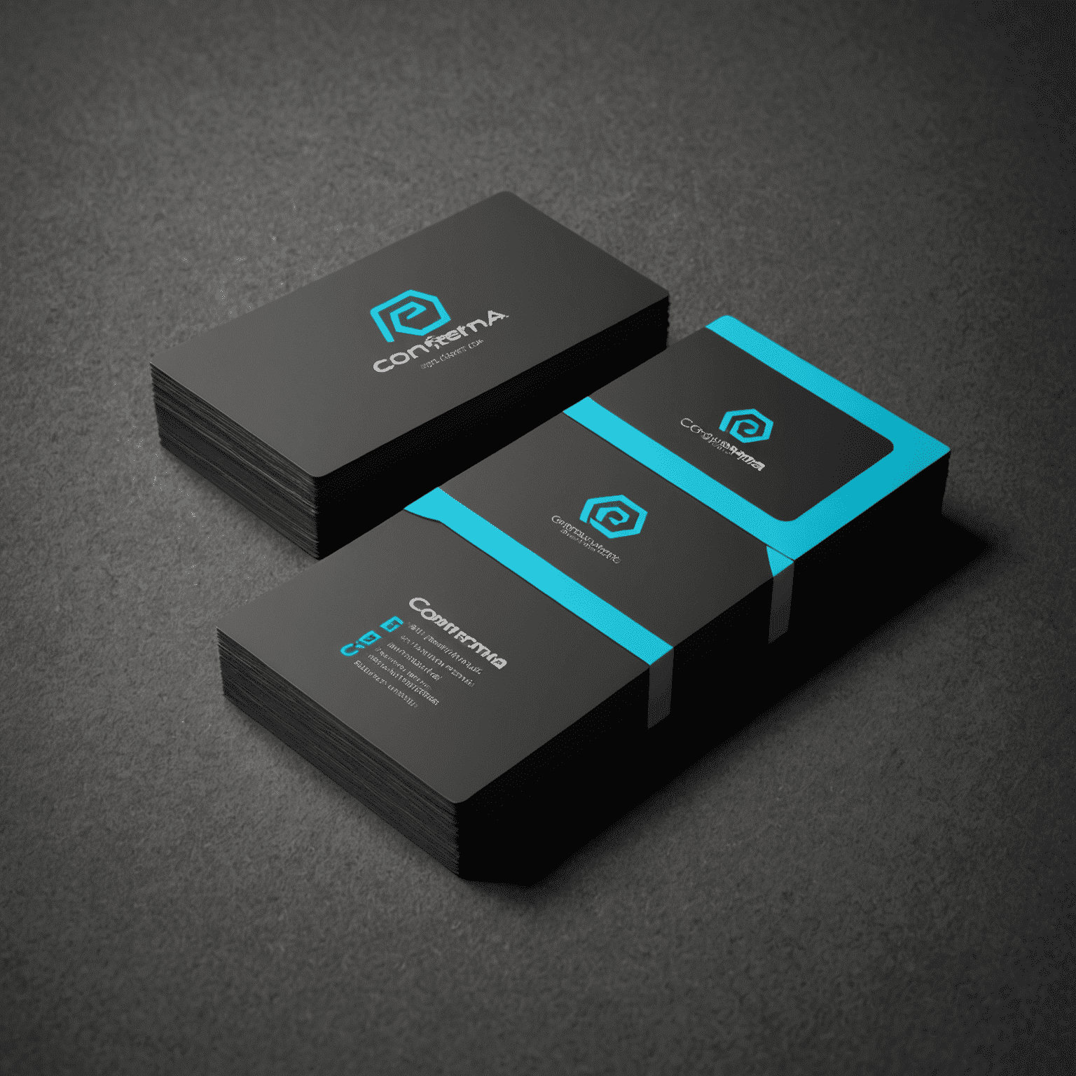 Comferma logo - A stylized business card with electric cyan edges on a graphite background