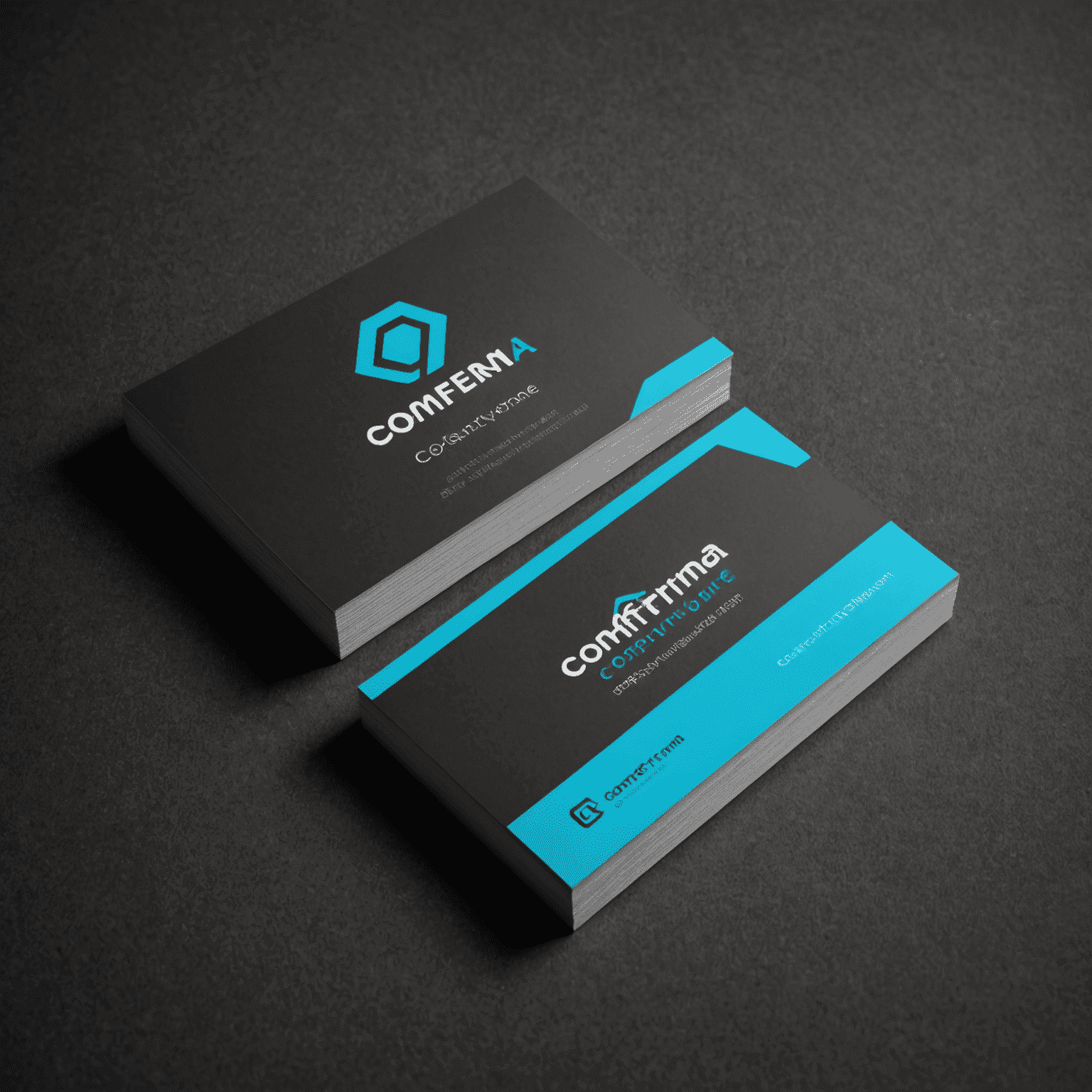 Comferma logo - A stylized business card with electric cyan edges on a graphite background
