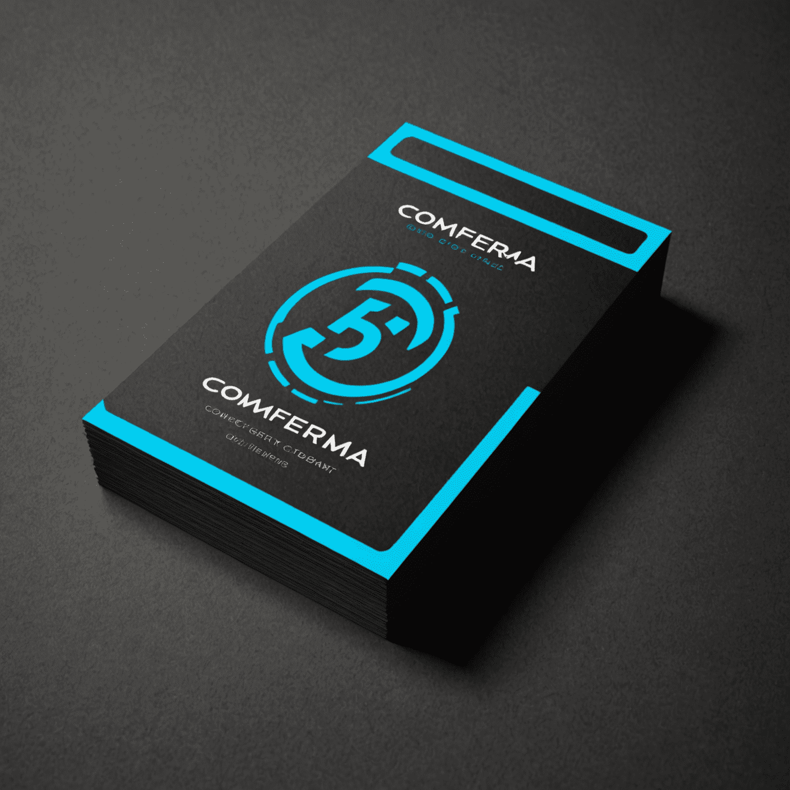 Comferma logo - A stylized business card with electric cyan edges on a graphite background