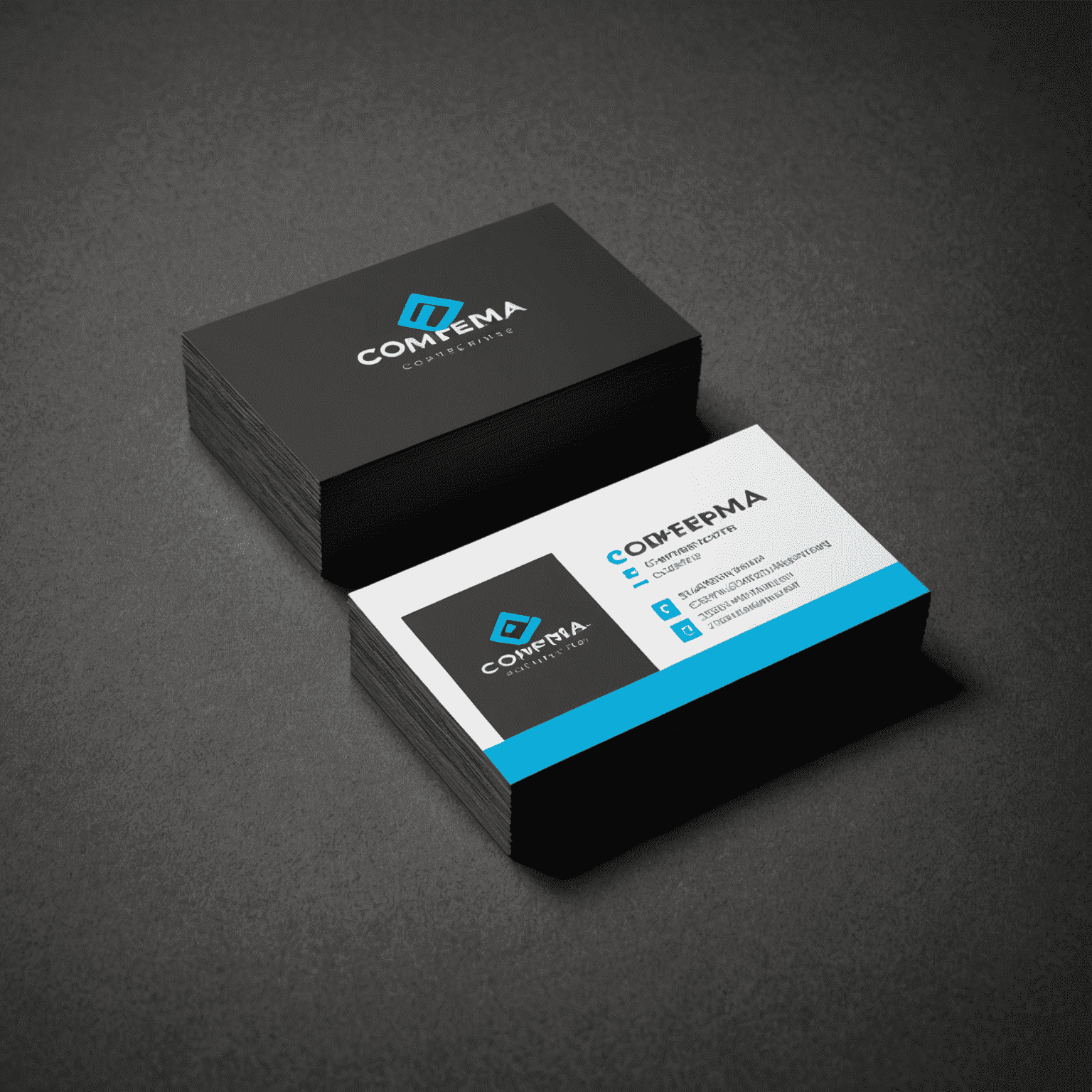 Comferma logo - A stylized business card with electric cyan edges on a graphite background