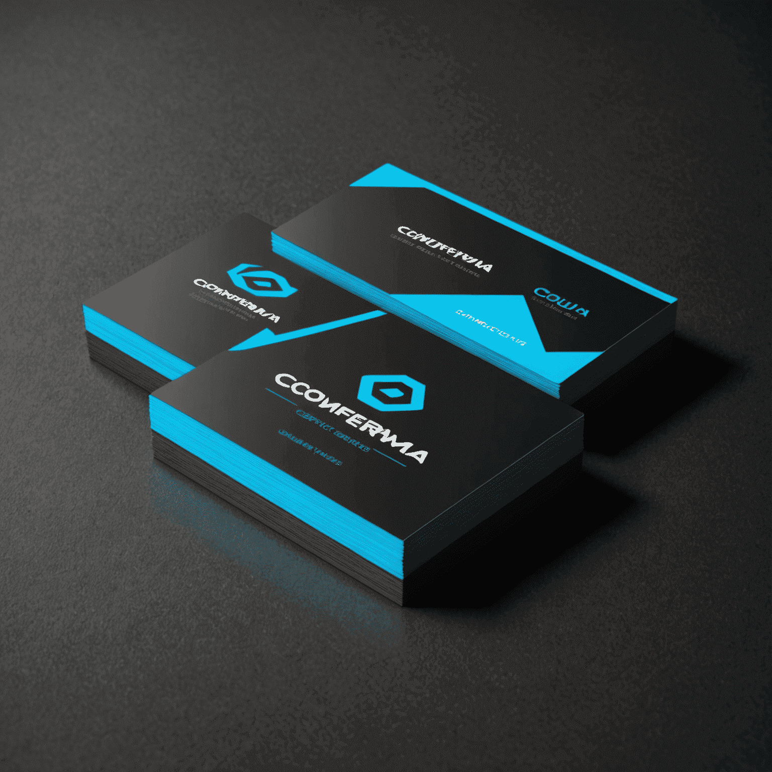 Comferma logo - A stylized business card with electric cyan edges on a graphite background