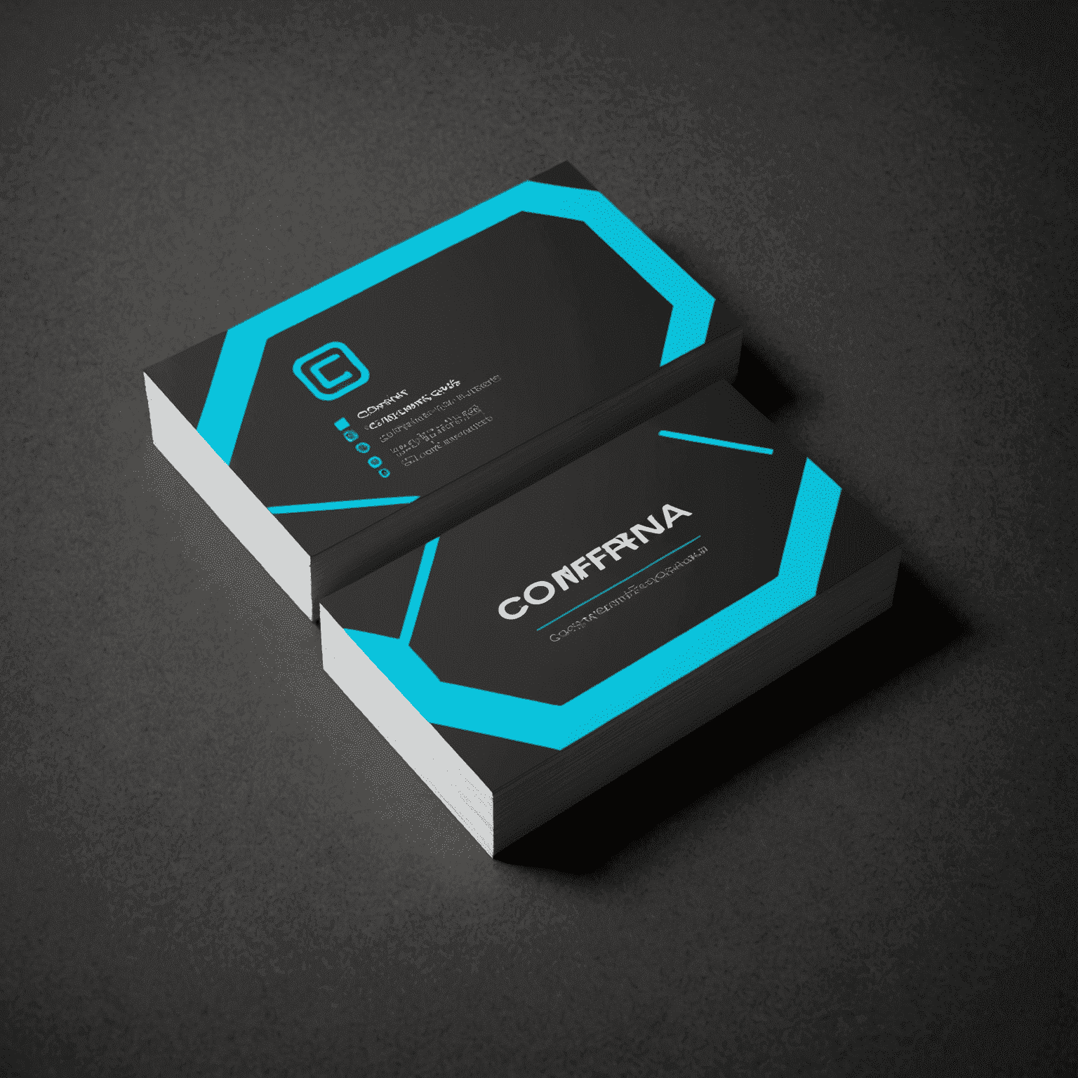 Comferma logo - A stylized business card with electric cyan edges on a graphite background