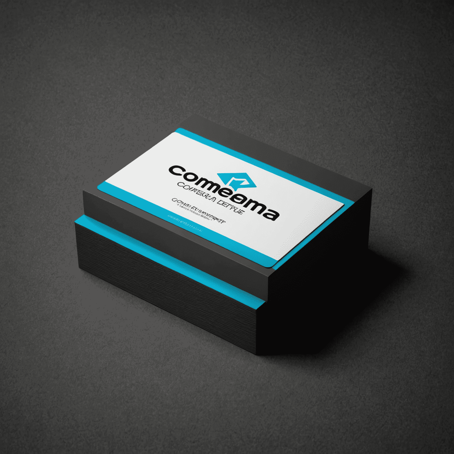 Comferma logo - A stylized business card with electric cyan edges on a graphite background