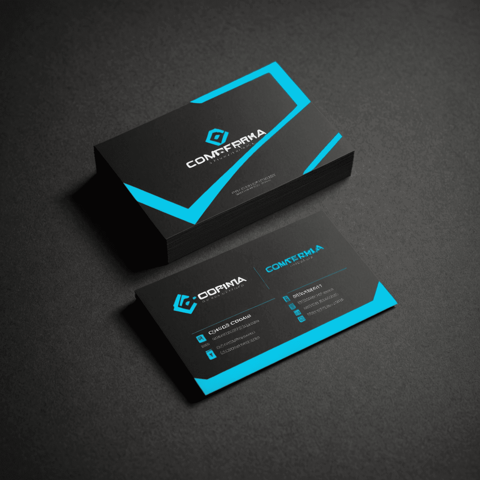 Comferma logo - A stylized business card with electric cyan edges on a graphite background