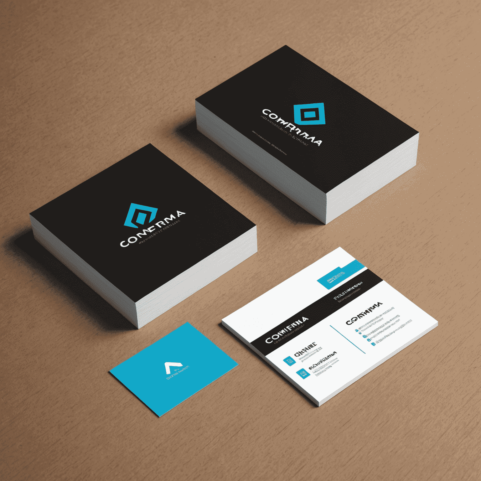 A sleek, modern business card design with Comferma logo, featuring a minimalist layout on a premium matte black cardstock with electric cyan accents