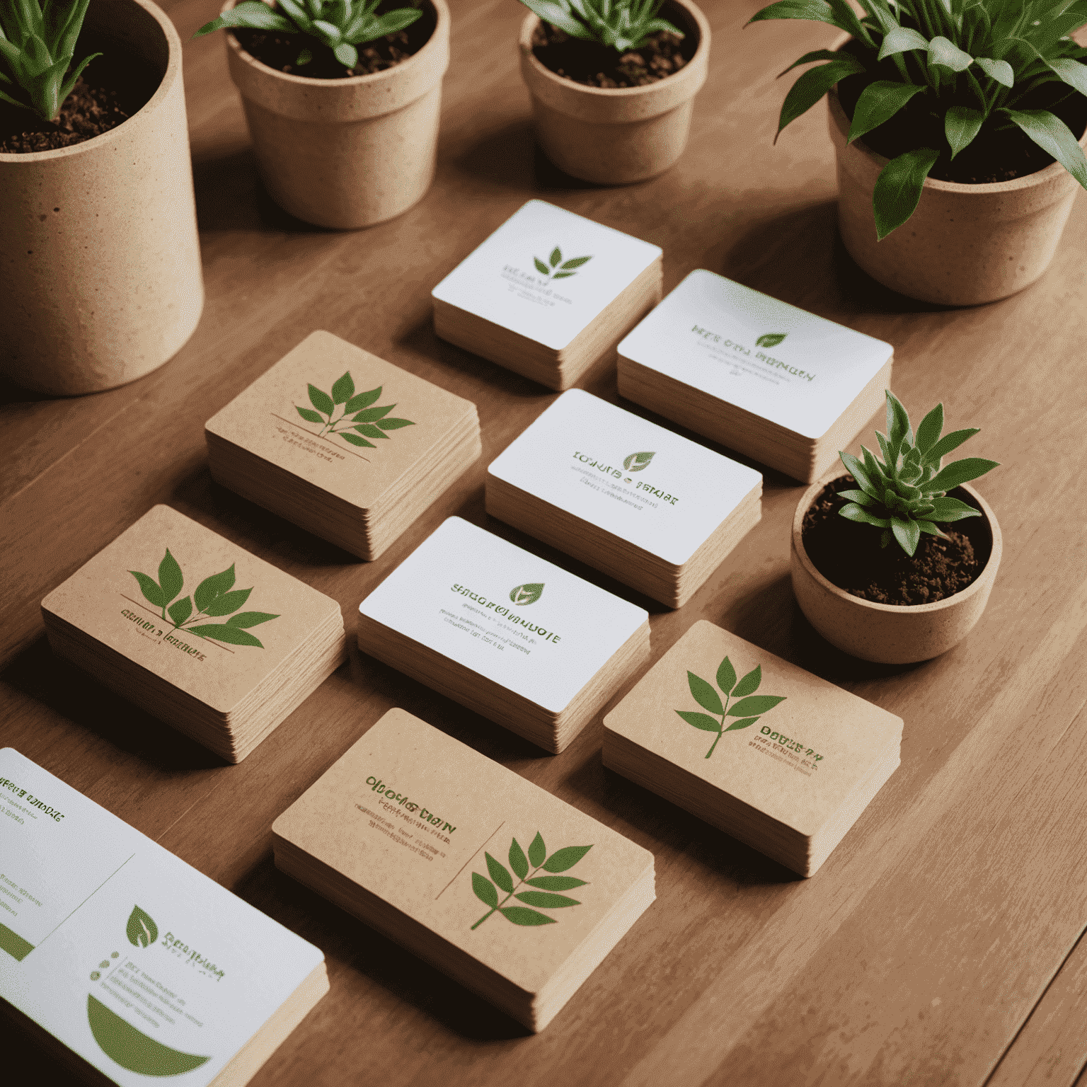 A collection of eco-friendly business cards made from recycled materials, bamboo, and seed paper, arranged on a modern office desk with a plant in the background to emphasize sustainability