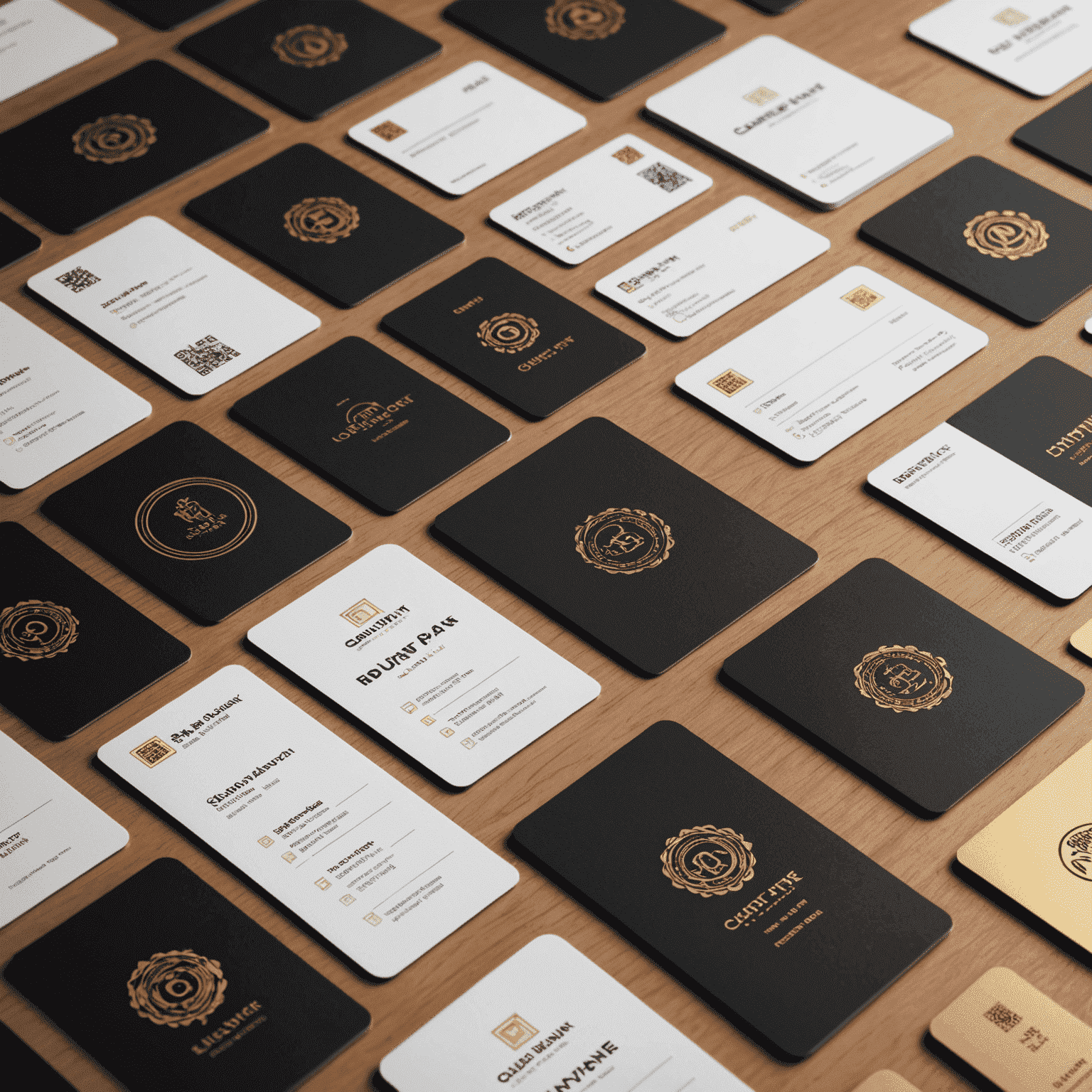 A collection of various custom business cards and ID cards spread out on a sleek, modern surface. The cards feature diverse designs, from minimalist corporate styles to vibrant event passes, showcasing the range of bulk order possibilities.