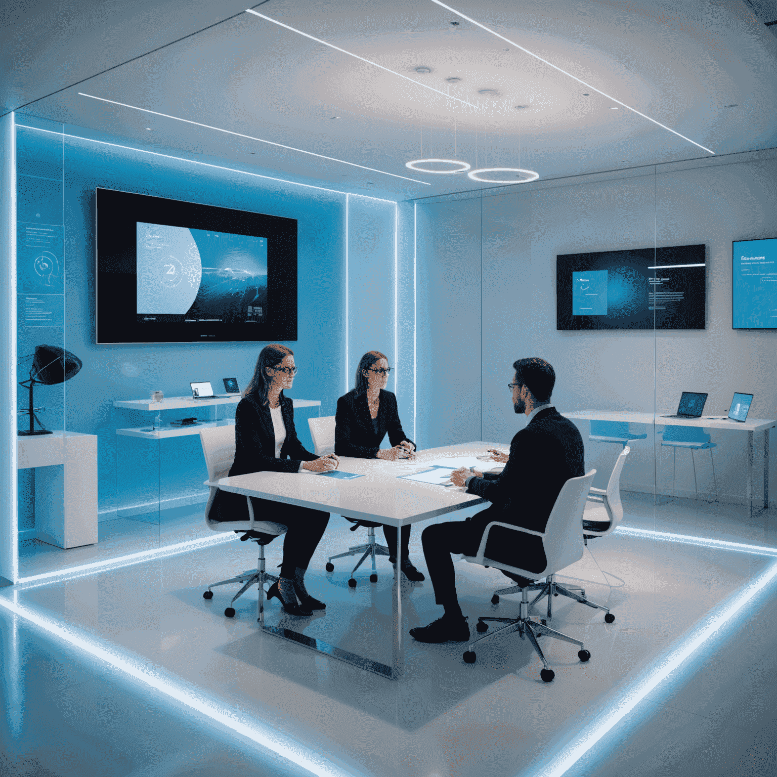 A modern, minimalist meeting room with sleek furniture and large digital displays. Two people, a design consultant and a client, are engaged in discussion over card designs and brand materials spread out on a glass table. The room has a futuristic feel with subtle blue lighting accents, reflecting Comferma's high-tech approach to custom card design.