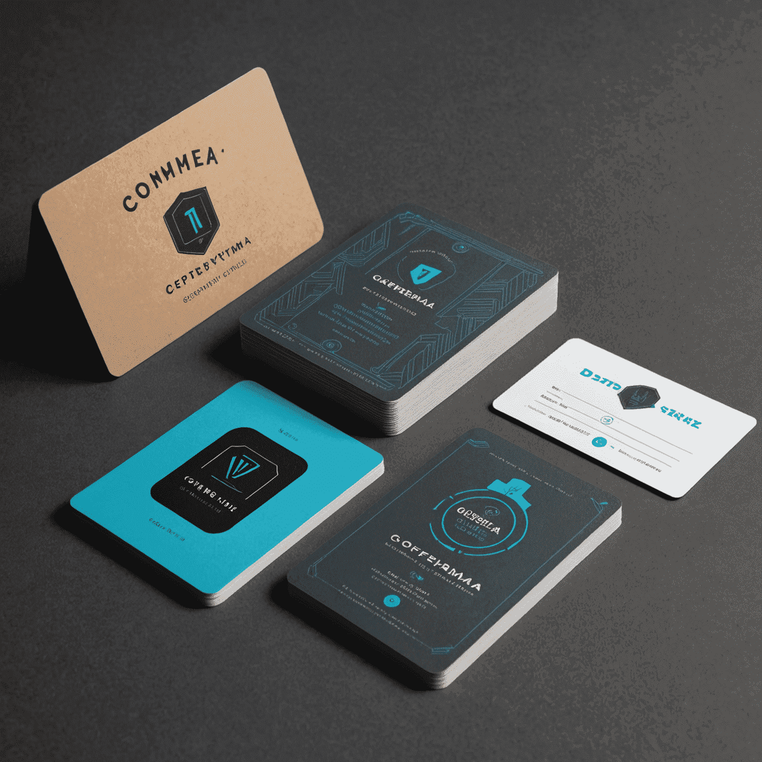 A collection of custom cards showcasing various designs, including a loyalty card, event invitation, and branded gift card, all featuring the Comferma style with electric cyan and graphite gray color scheme