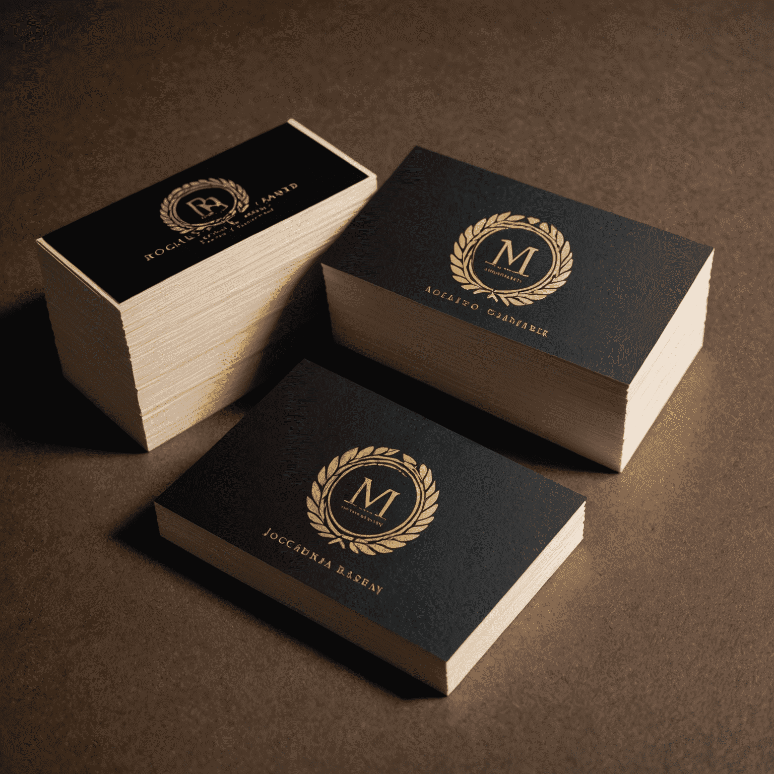 A set of elegant business cards with gold foil-stamped logos and text, reflecting light to showcase the premium finish