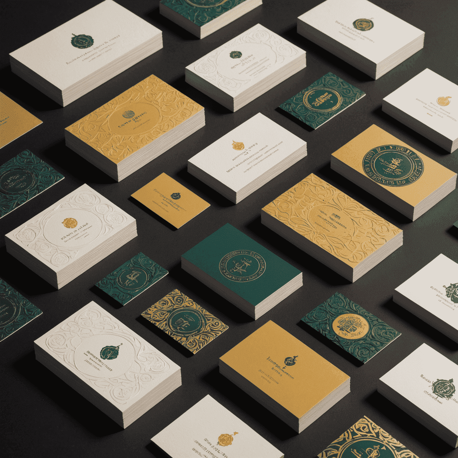 Display of various specialty business cards with embossing, foil-stamping, and die-cut designs