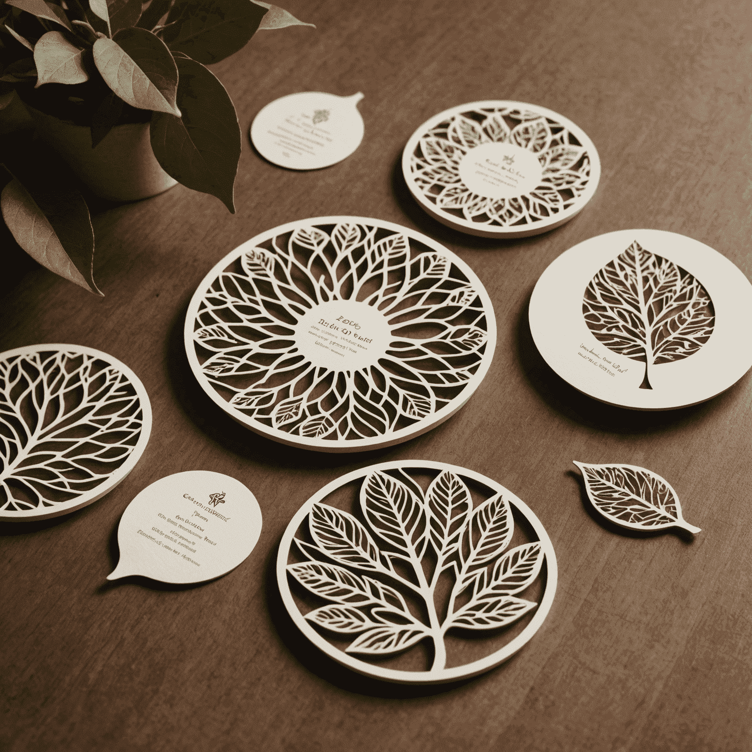 An array of creatively shaped die-cut business cards, including circular, leaf-shaped, and cards with intricate cutout patterns
