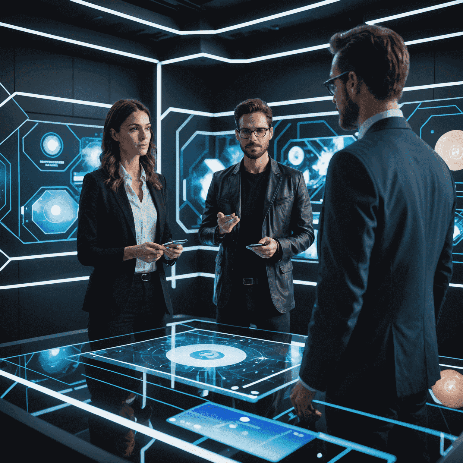 A designer consulting with a client, discussing custom card designs on a futuristic holographic display